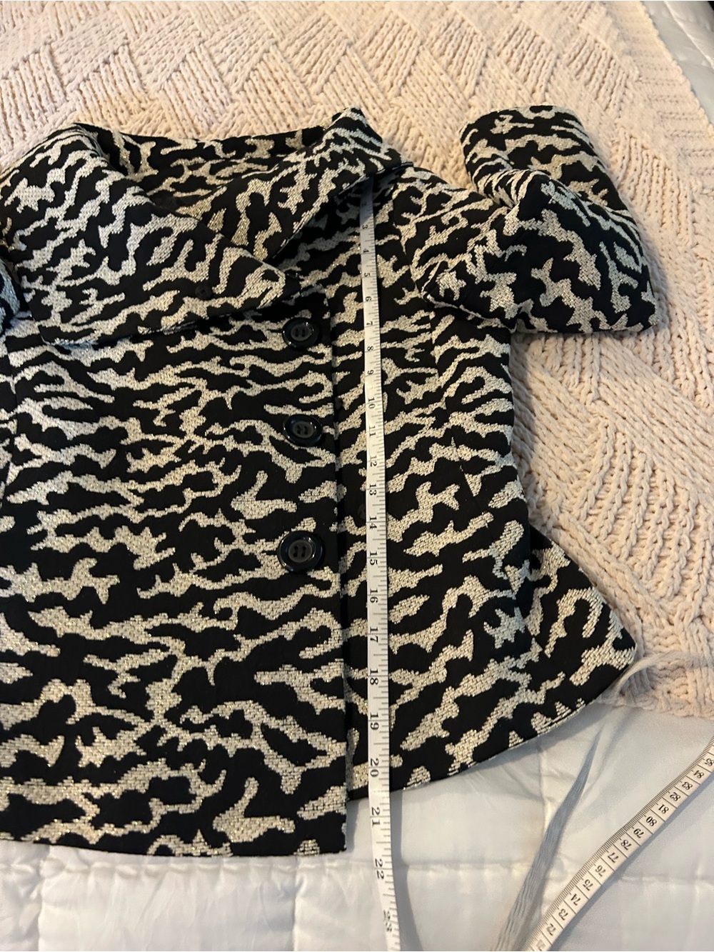 Women's Patterned Asymmetrical Button Jacket - Black & Cream - Picture 7 of 8